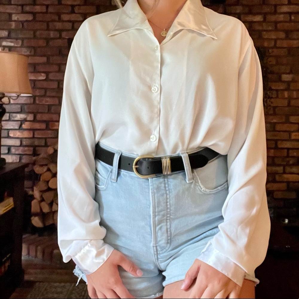 Vintage Silky White Button Up Blouse | Meidum